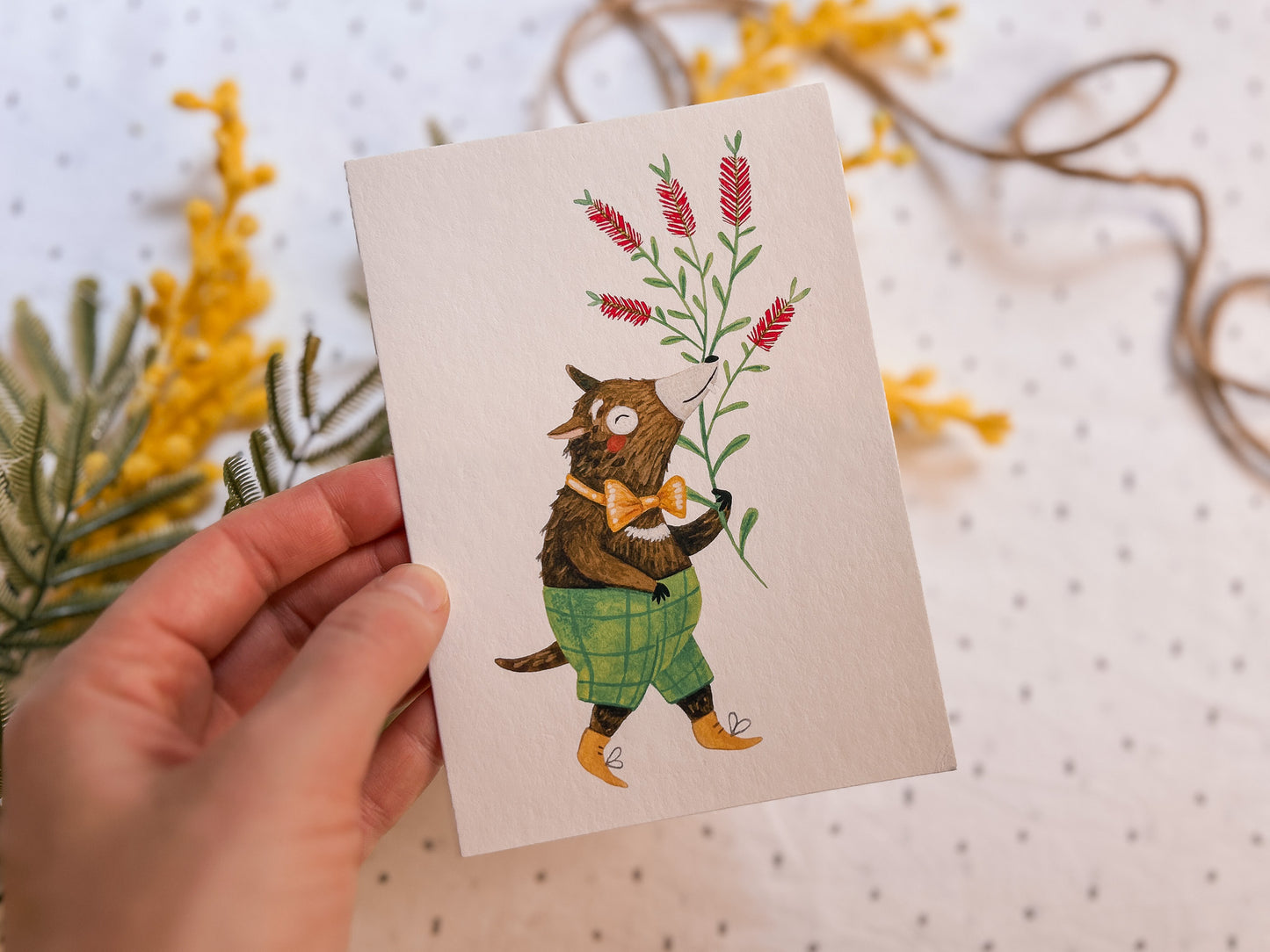 Holding an Illustrated Tasmanian devil greeting card showing a cute, happy Australian animal wearing green shorts, A6 size