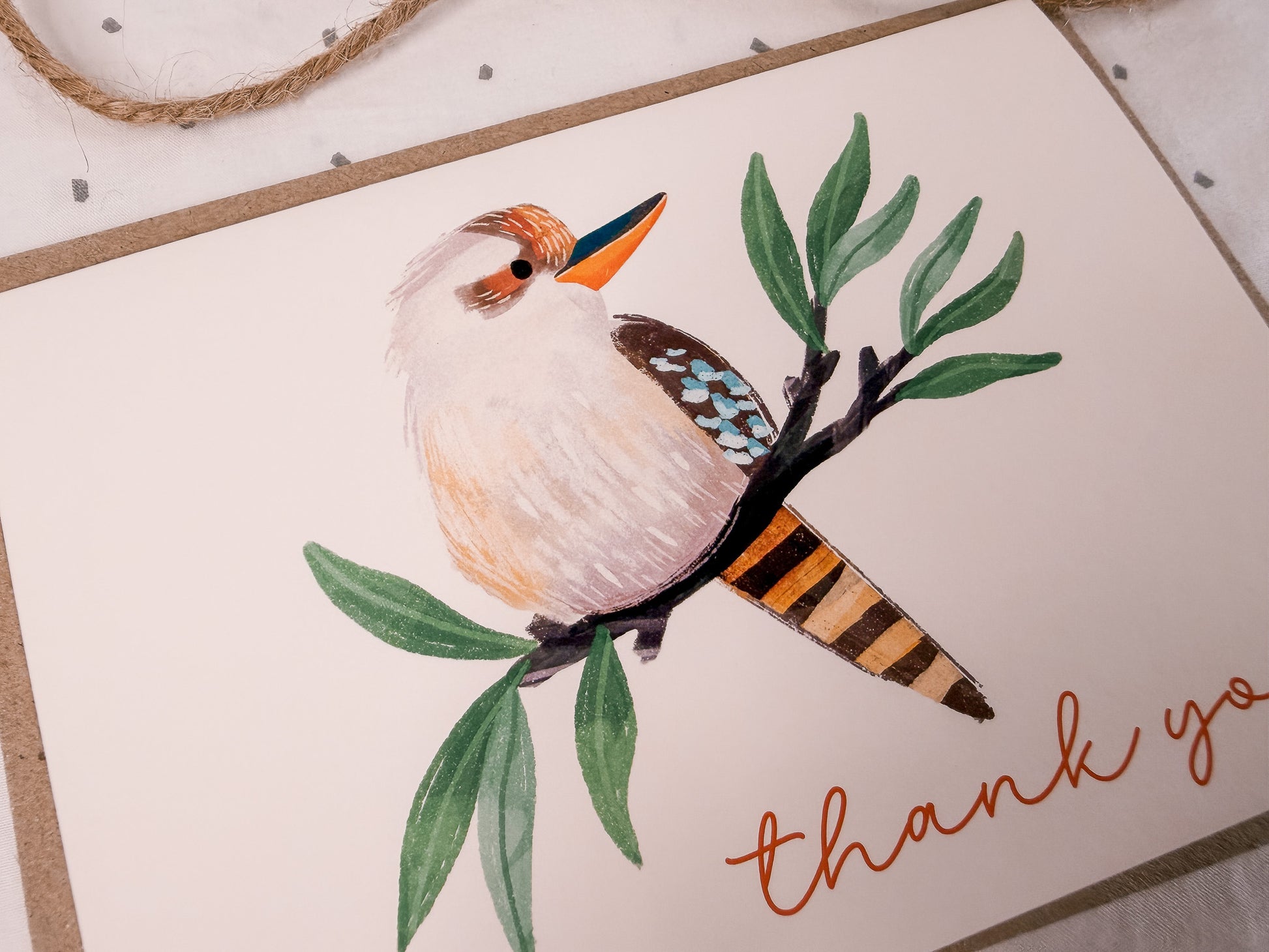 close up of Pikarika Kookaburra hand drawn greeting card