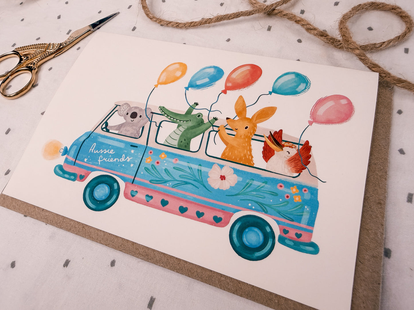 close up for Aussie Friends hand drawn greeting card