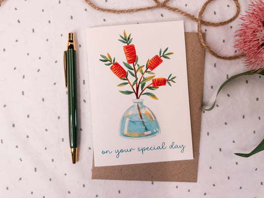 bottle brush greeting card with craft envelope and some decor