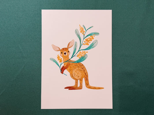 Kangaroo & Wattle Art Print | Australian Wildlife Art Print