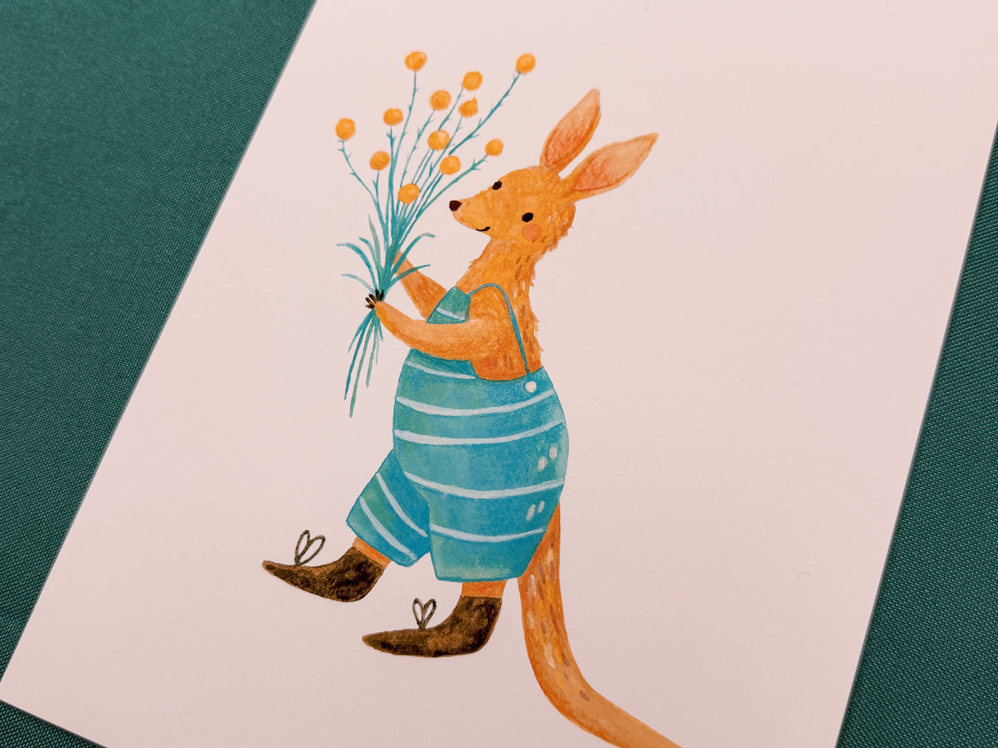Kangaroo with Billy Buttons Art Print | Cute Australian Wildlife Art Print