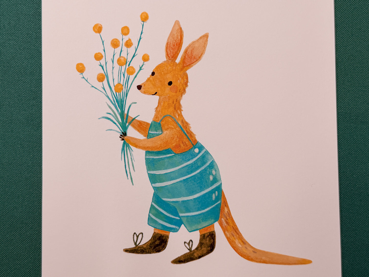 Kangaroo with Billy Buttons Art Print | Cute Australian Wildlife Art Print