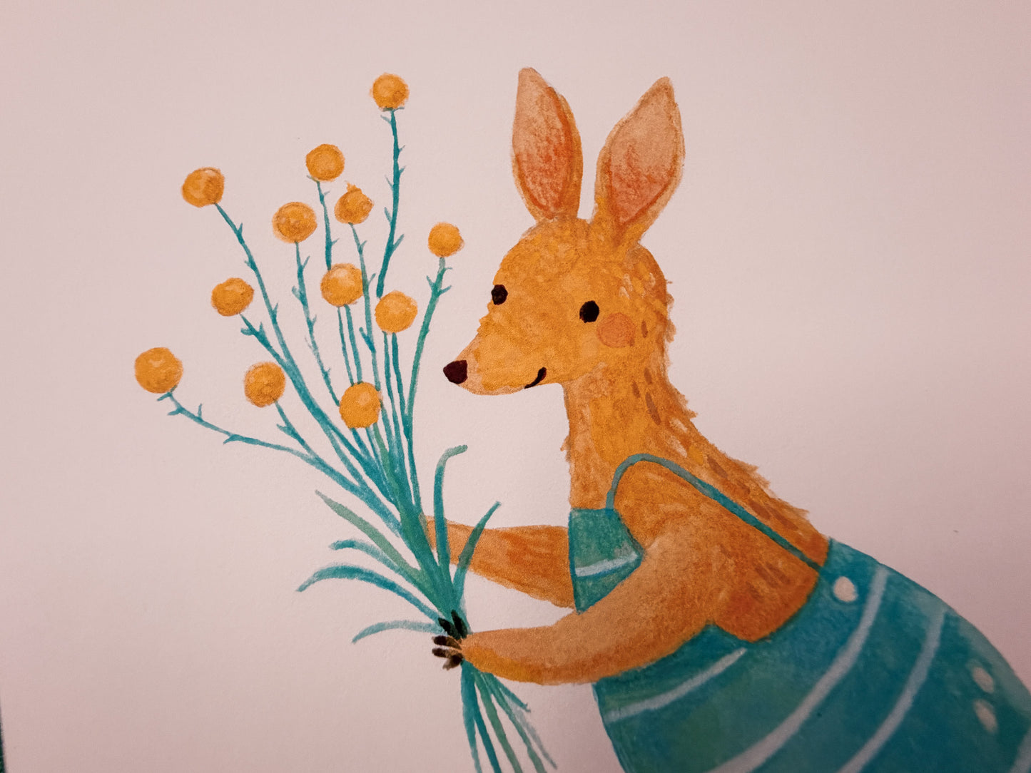 Kangaroo with Billy Buttons Art Print | Cute Australian Wildlife Art Print