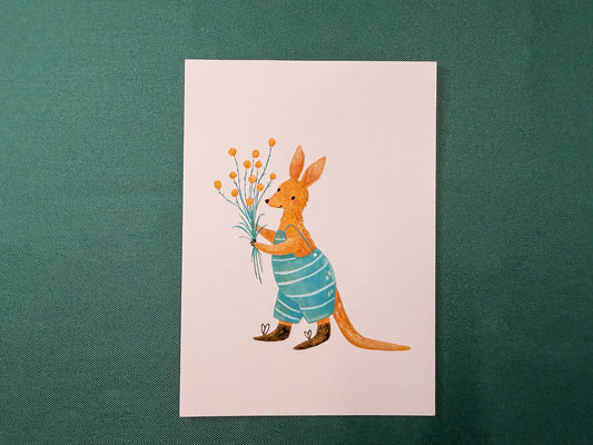 Kangaroo with Billy Buttons Art Print | Cute Australian Wildlife Art Print