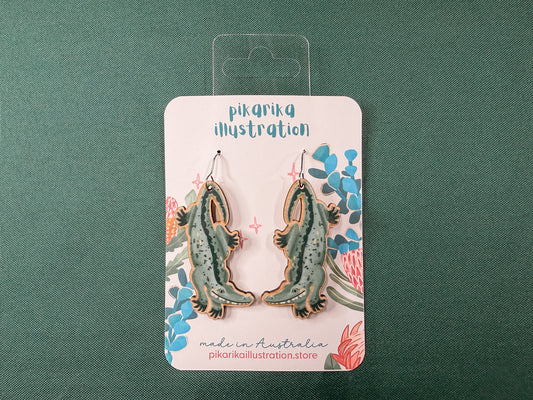 Crocodile Wooden Earrings | Illustrated Australian Animal Jewellery
