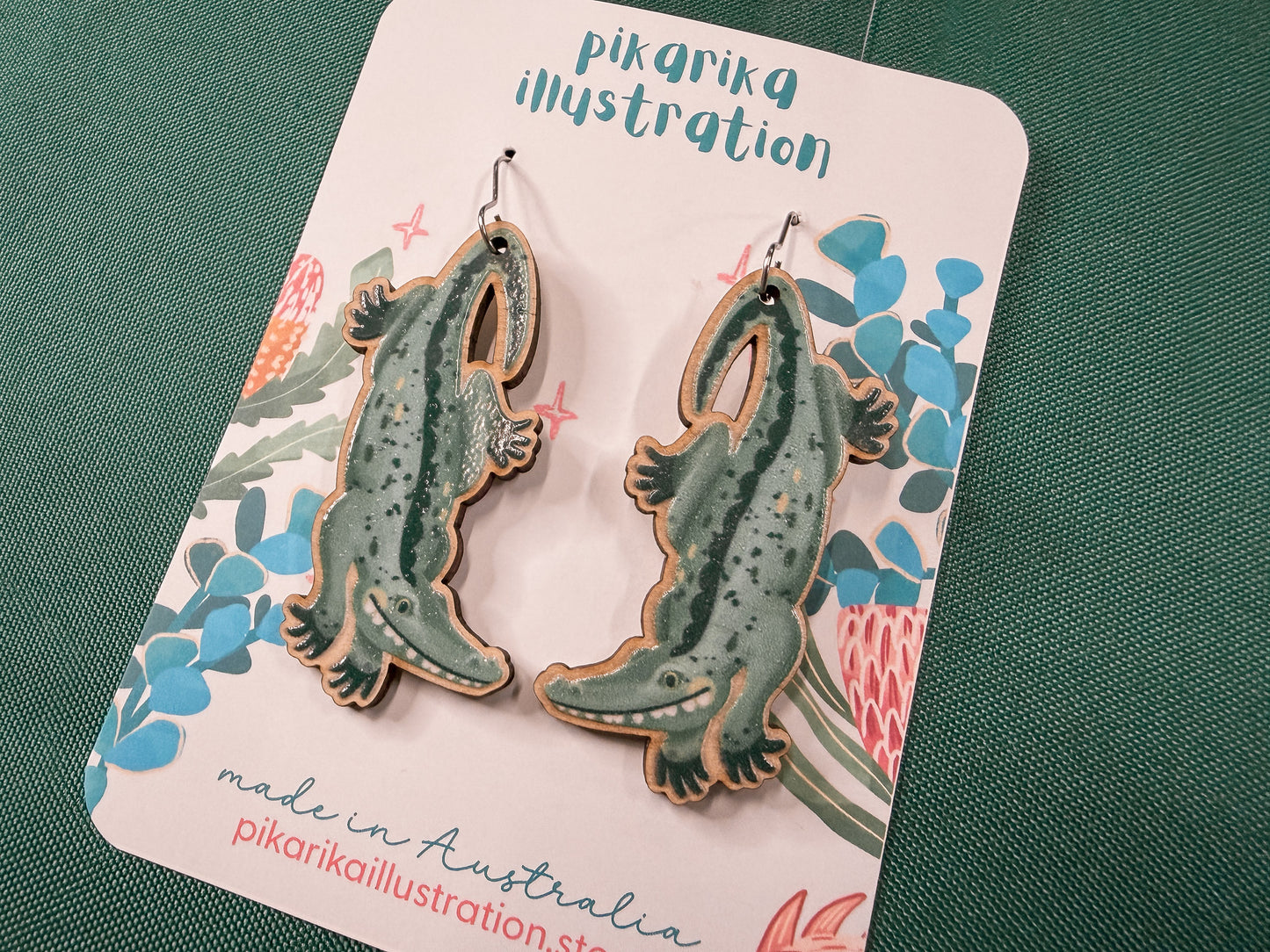Crocodile Wooden Earrings | Illustrated Australian Animal Jewellery