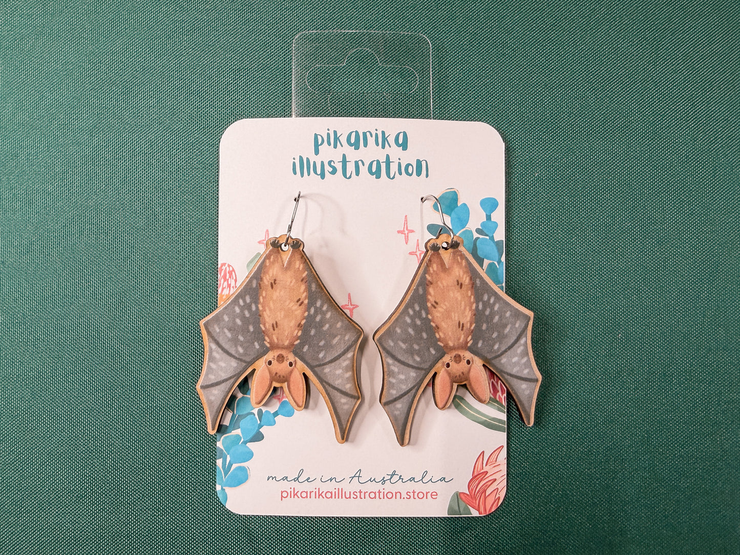 Cheeky Bat Wooden Earrings | Illustrated Australian Wildlife Jewellery