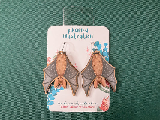 Cheeky Bat Wooden Earrings | Illustrated Australian Wildlife Jewellery