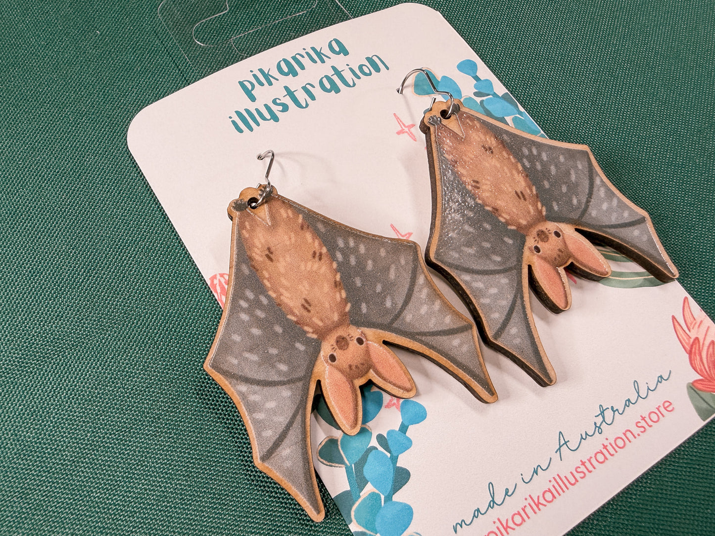 Cheeky Bat Wooden Earrings | Illustrated Australian Wildlife Jewellery