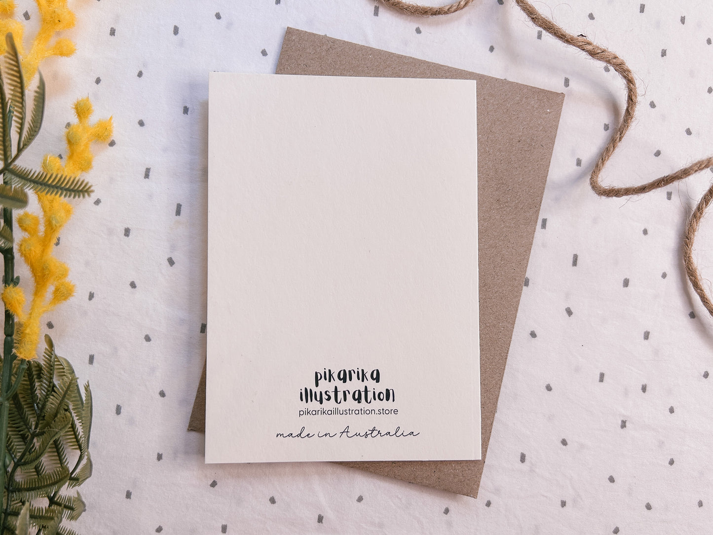 Back of illustrated Tasmanian devil greeting card by Pikarika Illustration. A6 size