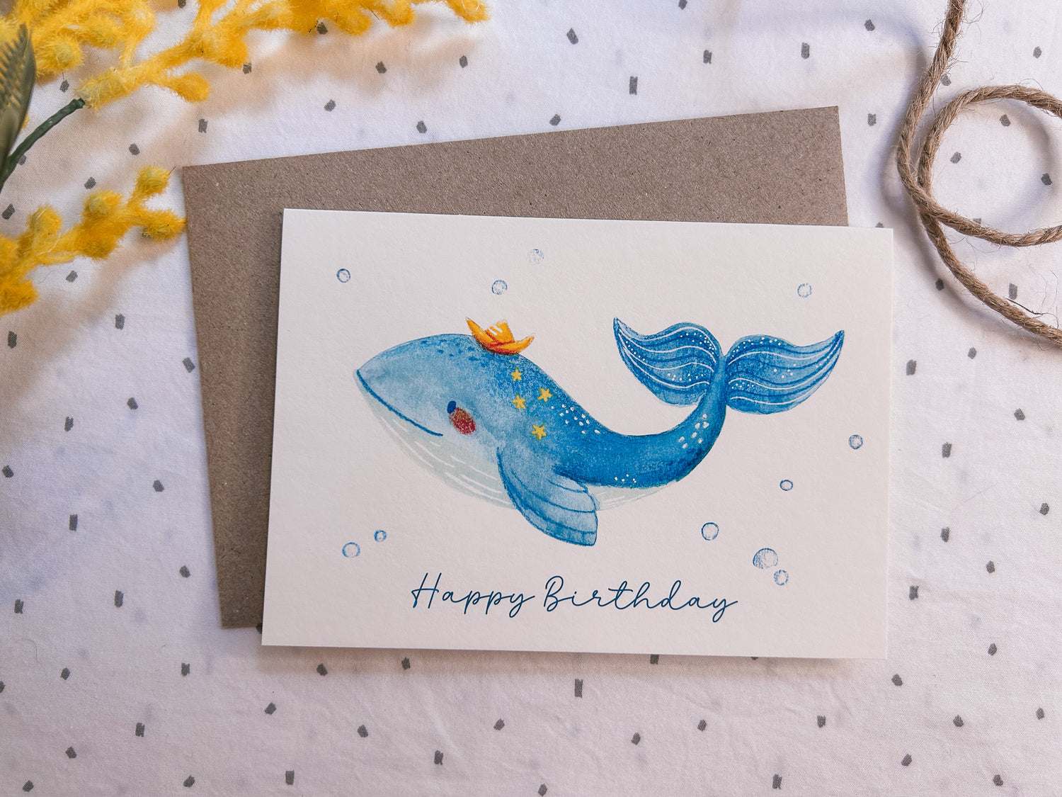 Happy whale birthday card with cute ocean animal illustration, A6 greeting card