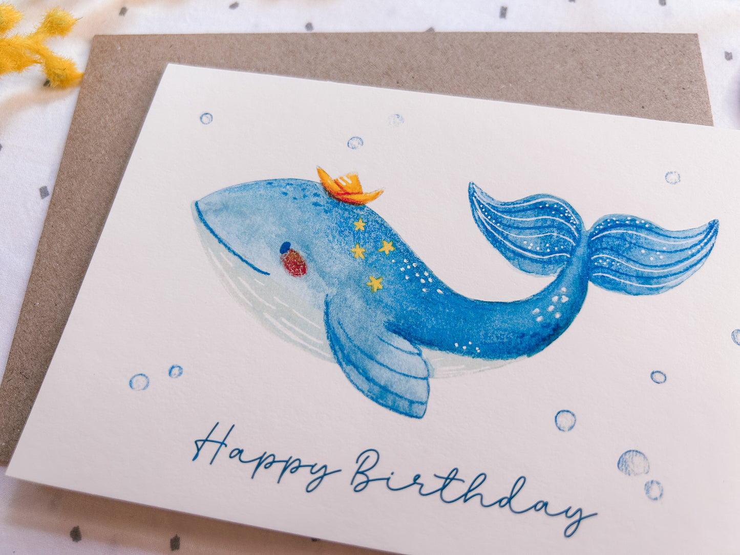 Close up Happy whale birthday card with cute ocean animal illustration, A6 greeting card